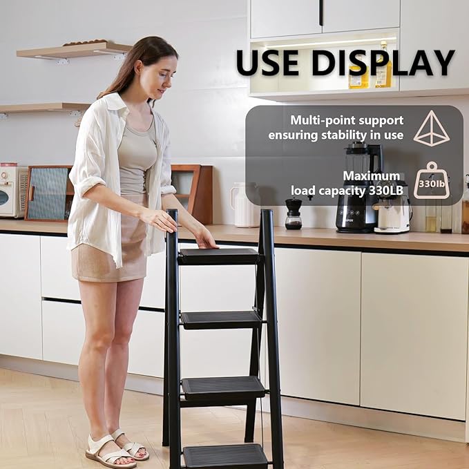 Step Ladder 4 Step Folding, Sturdy 330 Lbs Small Step Stool for Adults, Closet Step Stool Ladder with Anti-Slip Wide Pedals, Portable Folding Ladder for Home Kitchen Office