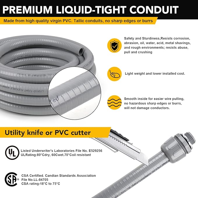 1/2inch 25ft Liquid-Tight Conduit and Connector Kit,Flexible Non-Metallic Liquid Tight Electrical Conduit Kit with 5 Straight and 3 90-Degree Connector Fittings,1/2 in. Dia