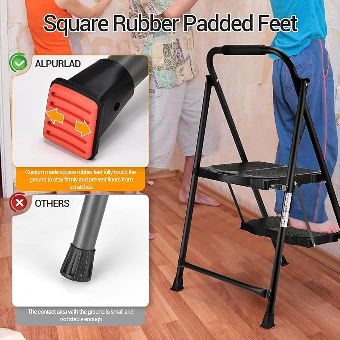 Extra Large & Wide 600lbs Step Ladder 2 Step Folding,Anti-Slip, Heavy Duty, Matte Black