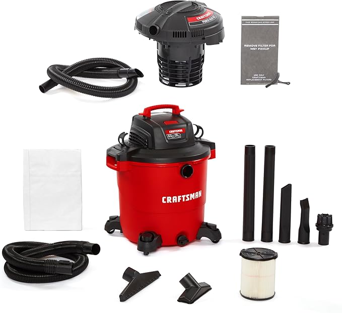 CRAFTSMAN CMXEVBE17596 20 Gallon 6.5 Peak HP Heavy Duty Wet/Dry Shop Vacuum with Filter, Dust Bag, Hose, Attachments and CMXEVBE17678 1.75 Peak HP Wet/Dry Shop Vac Powerhead with Filter Bag and Hose