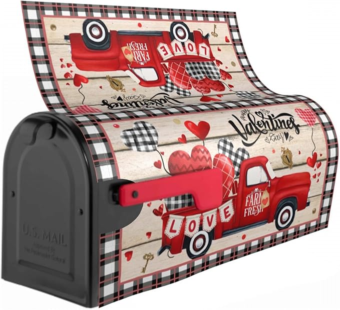 Valentines Day Mailbox Cover Magnetic Standard Size 25.5 x 21 Inch Love Hearts Red Truck Black White Buffalo Plaid Valentines Decoration Mailbox Cover Romantic Post Box Cover Wraps Garden Yard Decor