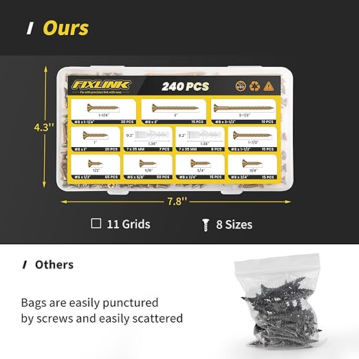 Wood Screws Assortment Kit, FIXLINK 240 PCS High Hardness Flat Head Wood Screws Set, Phillips Drive Assorted Screws, Contain Anchors and 8 Size (2-1/2”,2”,1-1/2”,1-1/4”,1”,3/4”,5/8”,1/2”), Yellow Zinc