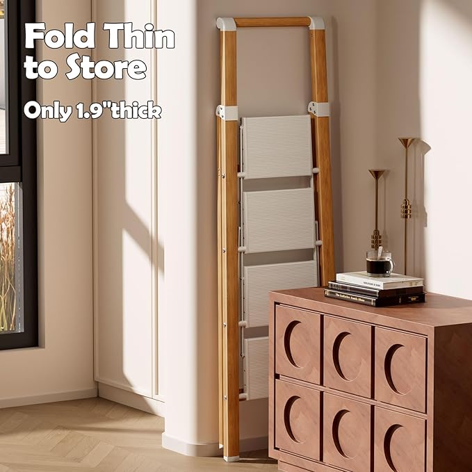 Taranta 4 Step Ladder, Portable Folding Ladder with Wide Pedal, Lightweight Aluminum Step Stool with Convenient Handgrip, 330 lbs Capacity Stepladder for Home, Office - White Woodgrain