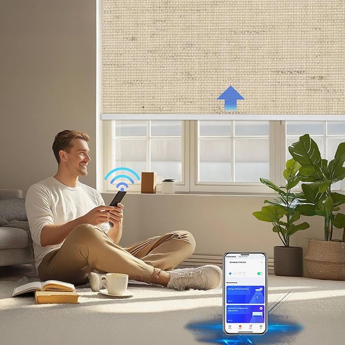Motorized Blinds with Remote Cordless Automatic Motorized Shades Custom Blinds for Windows Smart Curtains Compatible with Alexa Google Home(Blackout Linen Soft Dunes,W22 x H72in)