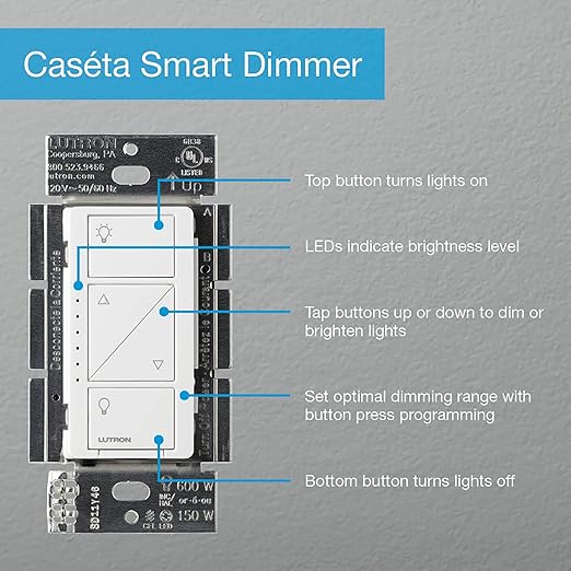 Lutron Caseta Original Smart Dimmer Switch Kit w/ Hub, with Pico Remote, Wallmount Bracket, & Smart Hub, Works with Alexa, Apple Home, Google Home, 3 Way, 150W, No Neutral Req, P-BDG-PKG1W-A