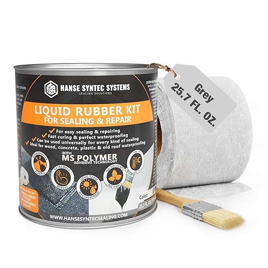 HSS Liquid Rubber KIT Grey – MS Polymer Sealant for Roof, Cracks, Walls & Any Repairs, Solvent-Free, Flexible Liquid Membrane - incl. Reinforcement & Brush - Grey - 25.7oz