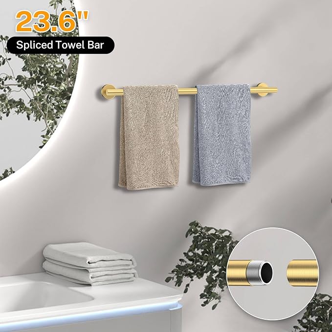 5-Piece Towel Bar Set Brushed Gold Bathroom Hardware Accessories Set Includes Multi-Purpose Toilet Paper Holder,Towel Holder Sets for Bathroom Stainless Steel Wall-Mounted 23.6in