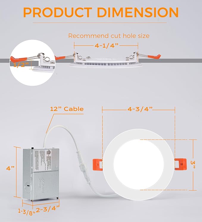 CLOUDY BAY 6 Pack 4 Inch 5CCT Ultra-Thin LED Recessed Ceiling Light with Junction Box,2700K/3000K/3500K/4000K/5000K Selectable,10W Dimmable Canless Wafer Downlight,White,650LM High Brightness