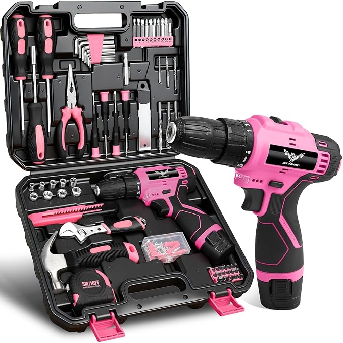 Pink Tool Set - 12V Cordless Drill Kit, 151 Piece Box With Hand Drill, Home Tool Kits for Men & Women, Perfect for Homeowner, Diyer, Handyman