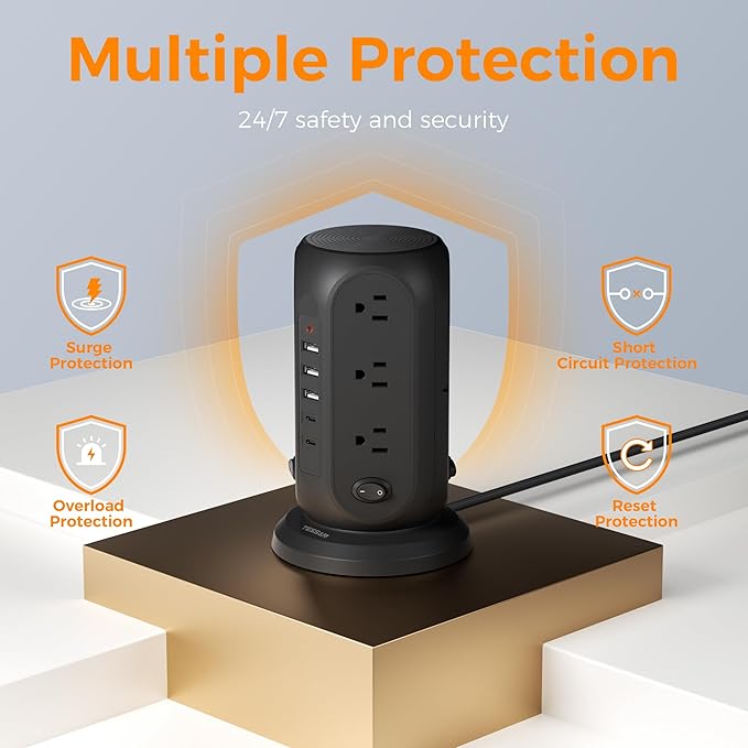 Black Surge Protector Power Strip with 4 Individual Switches, TESSAN USB C Charging Station Power Tower with Flat Extension Cord 10 Ft, 12 Outlets Black Extension Cord, Dorm Room, Office Accessories