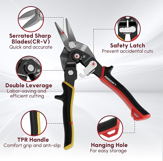ARROW 8-inch Tin Snips for Cutting Metal Sheet, CR-V Steel Aviation Snips, High Leverage Labor-saving Metal Cutter, Straight Cut