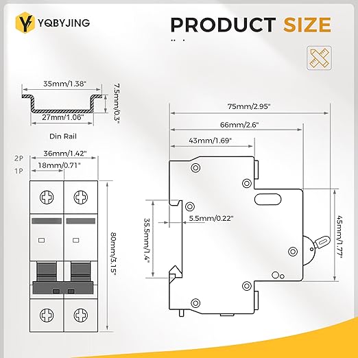 DC Circuit Breaker 63 Amp Solar Panel Disconnect Switch 12V-500V 1 Pole Miniature Solar Circuit Breaker for Outdoor PV Homes Battery, AC 110V DIN Rail MCB