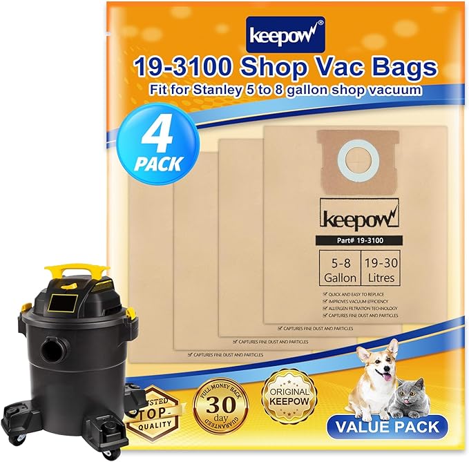 KEEPOW 19-3100 Shop Vac Bags Compatible with Stanley 5-8 Gallon wet dry vacuum, 4 Pack Disposable Filter Bags
