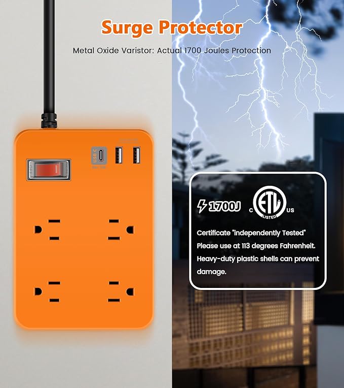 Outdoor Power Strip Weatherproof,Fast Charging Station 20W USB C,Waterproof Surge Protector 4 Outlets, Multi Outlet Extension for Camping, Garden, Kitchen,Bathroom,Flat Plug (Orange, 6 FT Cable)