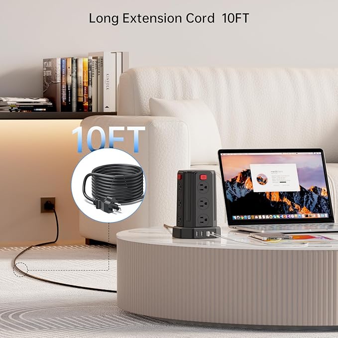 Power Strip Surge Protector, 10 Ft Extension Cord with 12 AC Multiple Outlets 4 USB (1 USB C), SMALLRT Power Tower Desktop Charging Station (Black, 10 FT PD20W)