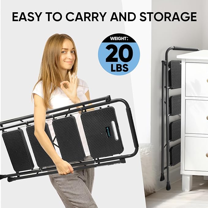 TICONN 4 Step Ladder, Heavy Duty Foldable Step Stool, Portable Steel Folding Stool for Household Garage Storage (Black)