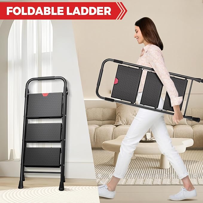 KINGRACK 3 Step Ladder, Sturdy Step Stool with Handrail, Wide Anti-Slip Pedals, 800lbs Max Load Capacity, Folding Step Stool for Home, Kitchen, Black