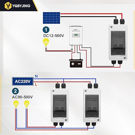 40 Amp DC Solar Panel Disconnect Switch 4 Holes AC Miniature Circuit Breaker Box 500V 2 Poles with IP65 Waterproof UV-Proof Box for Outdoor Solar PV Homes Battery