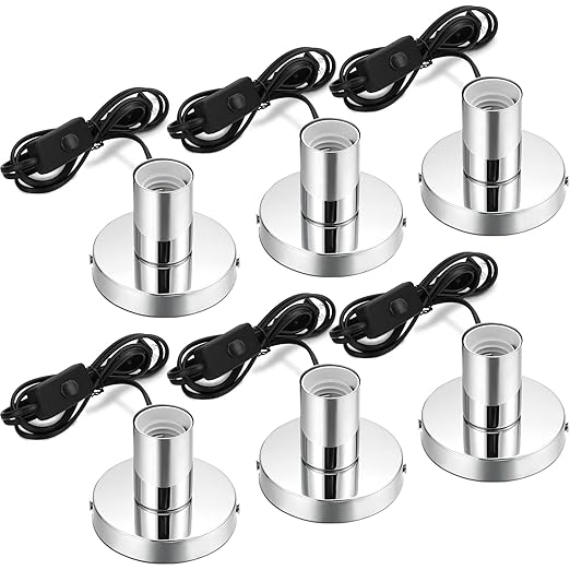 Tuanse 6 Pcs Polished Metal Desktop Lamp E26 E27 Screw Light Bulb Sockets Holder Base Lamp Replacement Base for Holding Bulb 6 Feet Cord on Off Switch Plug(Silver)