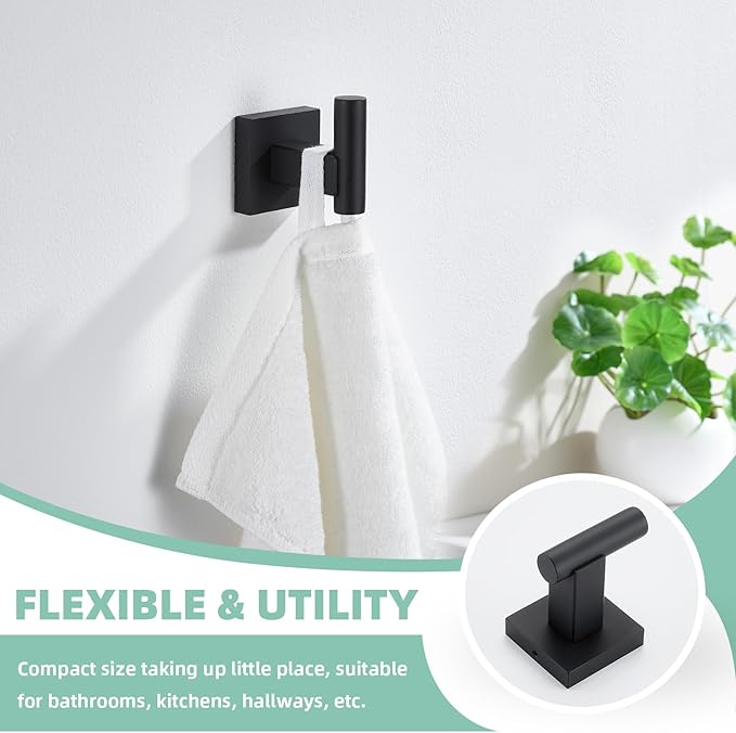 Suyar Matte Black Bathroom Hardware Set, SUS 304 Stainless Steel Bath Accessories Kit 4 PCS, Include Robe Hook, Toilet Paper Holder, Hand Towel Holder, Towel Bar, Wall Mounted