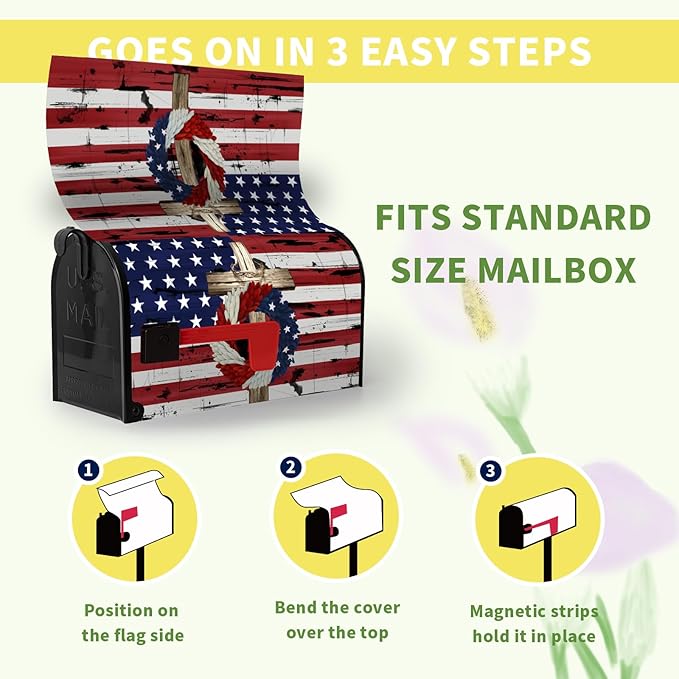 4th of July Patriotic Mailbox Cover Magnetic American Flag Independence Day Mailbox Covers Standard Size 21 x 18 in Blue Red Stars Wreath Post Box Wraps for Garden Yard Decor