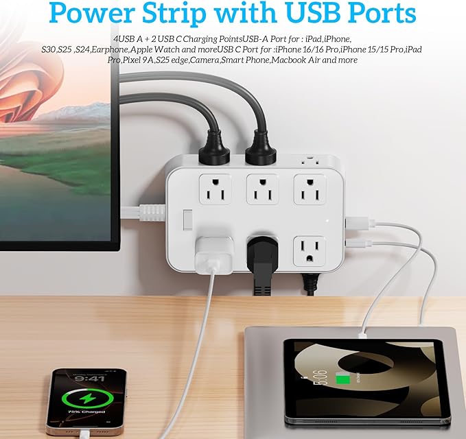 Flat Plug Power Strip Surge Protector with 12 AC Outlets 6 USB Ports 3 Side Multi Plug Outlet Extender 15 Ft Extension Cord for Home Office Kitchen Dorm Wall Desk Charging Station ETL Listed