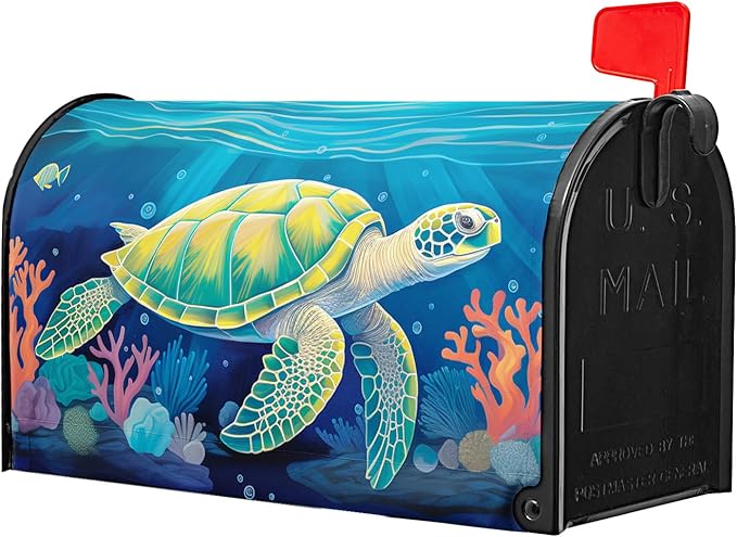 Nautical Sea Turtle Coral Seashell Mailbox Covers Summer Ocean Beach Blue Mailbox Covers Magnetic Standard Size 21x18 Inch Waterproof Mail Box Wraps Post Letter Box Covers Garden Yard Outdoor Decor