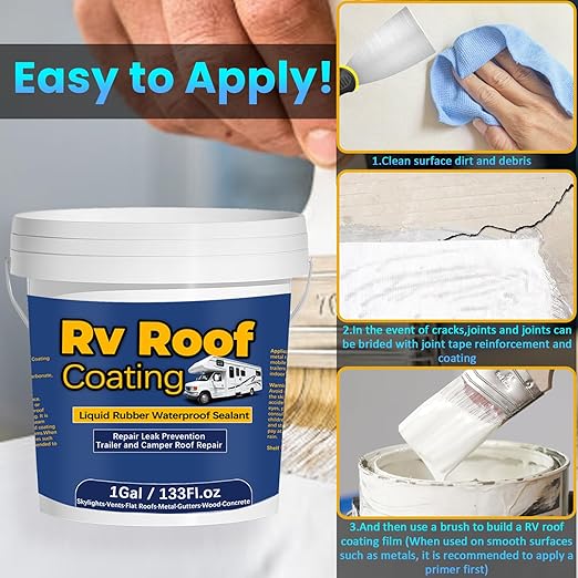 1Gal/133Fl.oz Liquid Rubber Rv Roof Coating White Waterproof Sealant Camper Roof Repair Solar Reflective Sealant with Wooden Brush Putty Knife Work Gloves Paint Roller Drywall Repair Tape