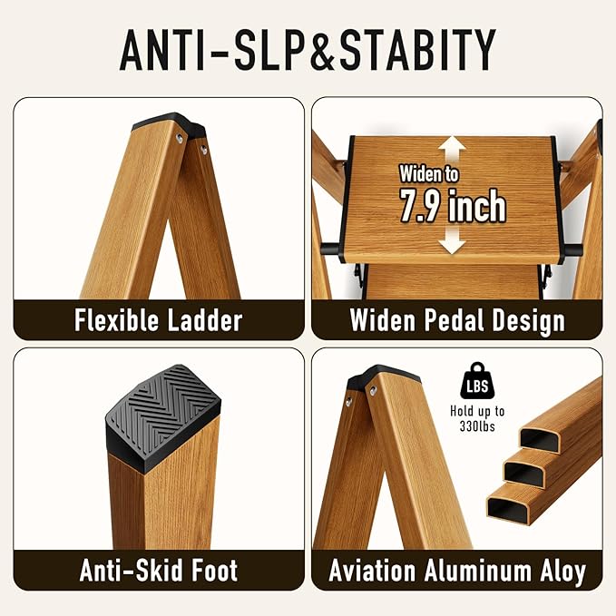 3 Step Ladder,Aluminum Folding Step Stool for Adults,Step Ladder with Wide Anti-Slip Pedal,330 lbs Capacity for Home,Office,Kitchen,Library(Woodgrain
