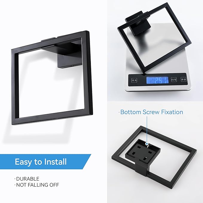 LANC Hand Towel Rings for Bathroom Wall Mount Matte Black Square Hand Towel Holder Command Towel Hanger for Bathroom Lavatory Towel Holder Stainless Steel Modern Towel Rack Hanger 2 Pack, A8896MB-P2