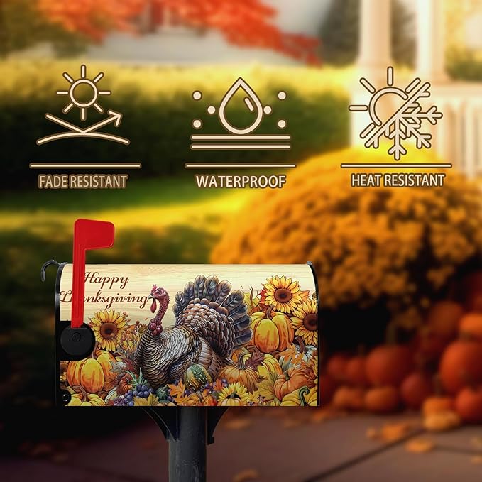 Happy Thanksgiving Turkey Mailbox Covers Magnetic Large Size 25.5 x 21 Inch Fall Sunflower Pumpkin Mailbox Cover Thanksgiving Letter Box Post Wraps Outdoor Decorations for Garden Yard
