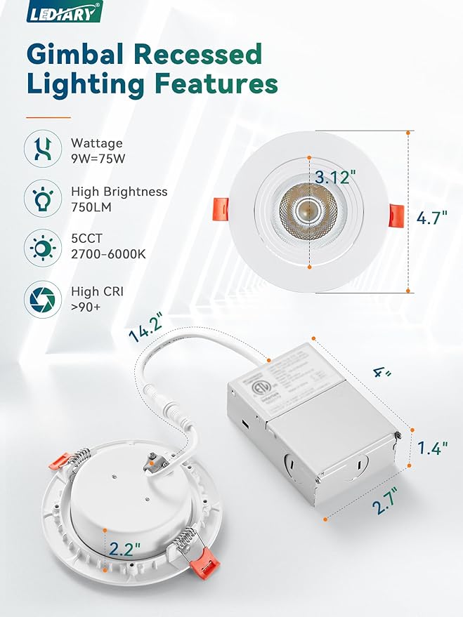 LEDIARY 12 Pack Gimbal LED Recessed Lighting 4 Inch, 5CCT Adjustable Recessed Light Slim Selectable 2700K-6000K,750LM Can Lights with Jbox,Canless Down Light Ceiling Light with IC Rated ETL Listed