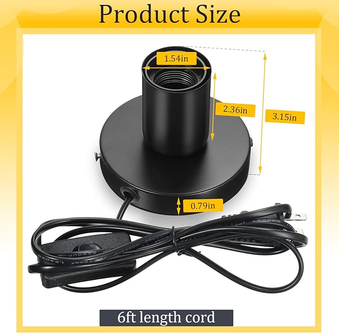 Tuanse 2 Pcs Polished Metal Desktop Lamp Base E26 E27 Screw Light Bulb Holder Sockets Night Light Base Lamp Replacement for Holding Bulb 6 Feet Cord on Off Switch Plug(Black)