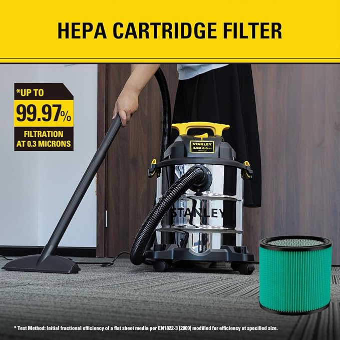 Stanley 08-2566H HEPA Cartridge Filter – Fits Most 5–18 Gallon Wet/Dry Vacuums – High Efficiency, Washable & Reusable Replacement Filter