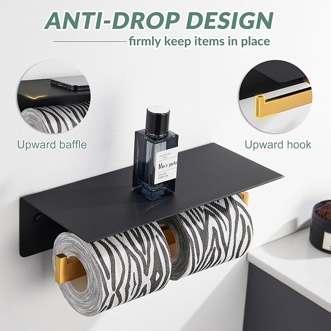 APLusee Double Toilet Paper Holder with Phone Shelf, 304 Stainless Steel Bathroom Tissue Hanger, Wall Mounted Dual Roll Paper Dispenser, Black & Gold