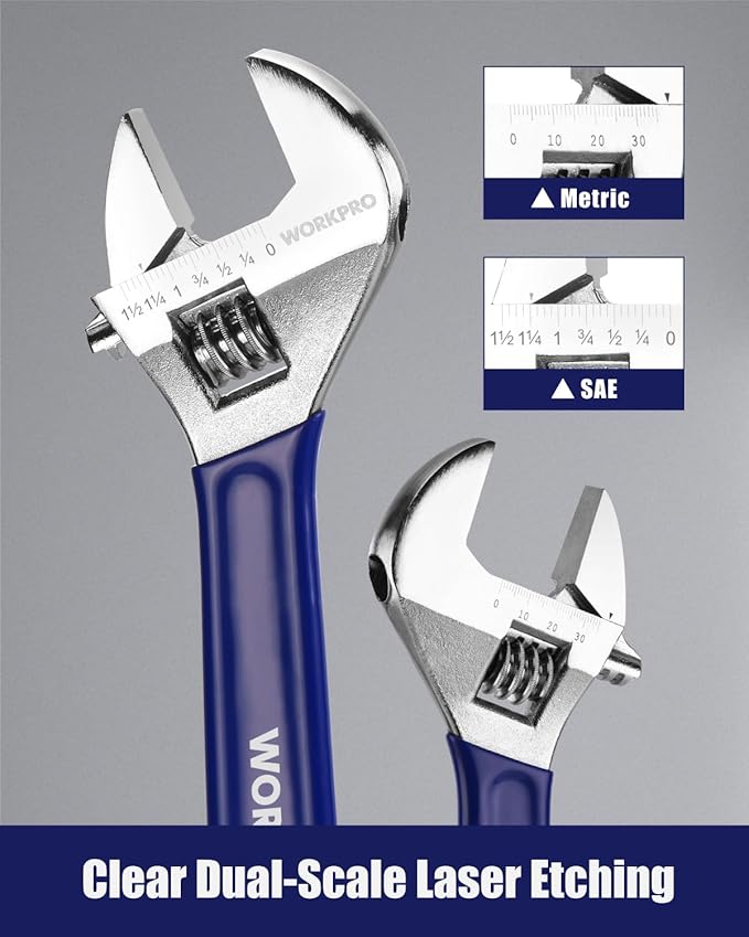 WORKPRO 4-Piece Adjustable Wrench Set (6", 8", 10", 12") – Heavy-Duty, Wide Jaw Wrenches with Laser-Etched Metric & SAE Scales, Comfortable Grip for Automotive, Plumbing & Repairs