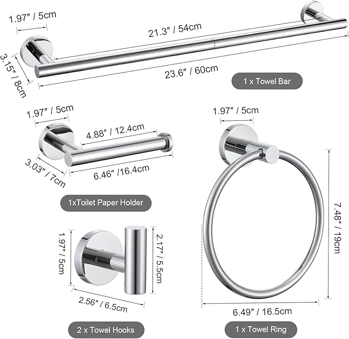 TURS Chrome 5 Piece Bathroom Hardware Set, SUS304 Stainless Steel 24 Inch Bath Towel Bar Set, Round Bathroom Accessories Kit Wall Mounted