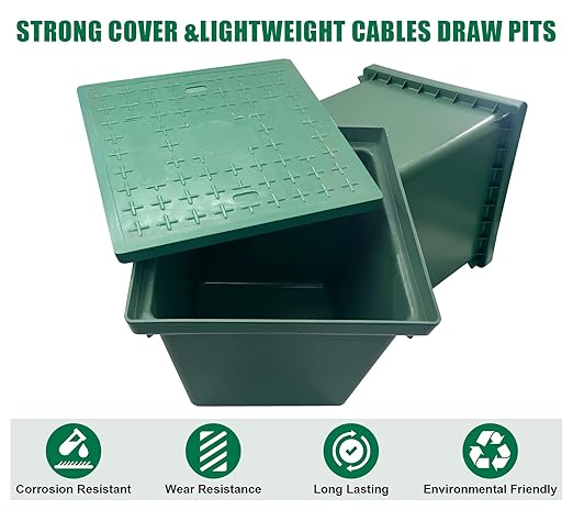 2 Sets 20x20x20in Underground Splice Box W/FRP Cover,Large Enclosure Precast Polyethylene Distribution Pull Pit Access Electrical Junction Boxes Drillable Tapered Wiring for Cable