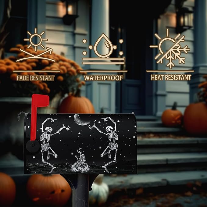 Halloween Skull Mailbox Cover Dancing Human Skeleton Mailbox Covers Magnetic Standard Size 21x18 Inch Moon Black Post Letter Box Wraps for Garden Outdoor Decorations