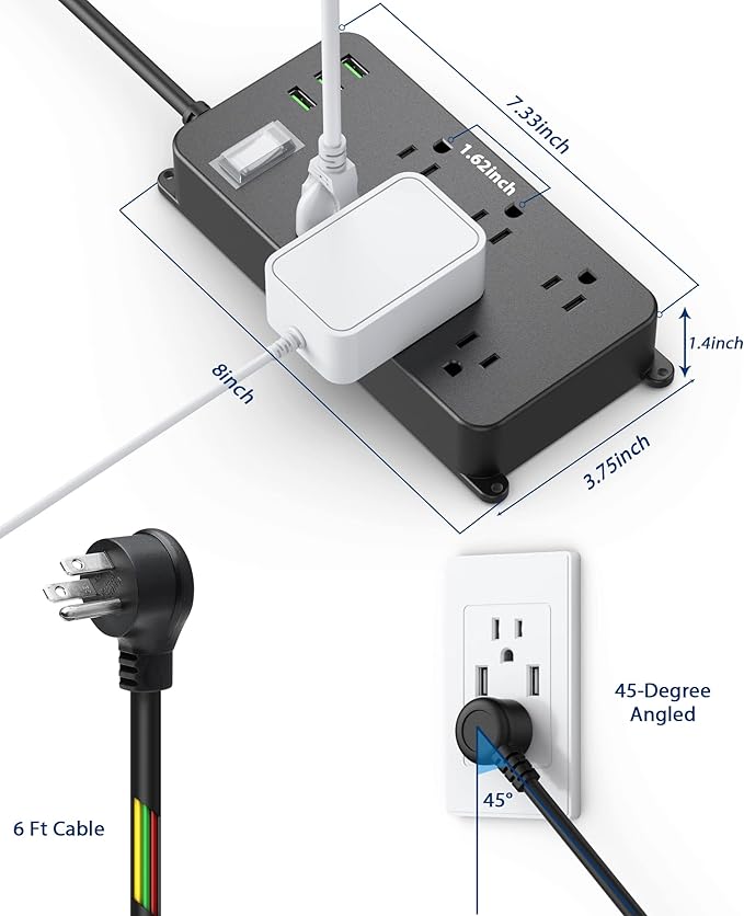 Outdoor Power Strip Weatherproof with USB,Waterproof Surge Protector,3 USB Ports,6 Outlets,Multi Plug Electrical Outlet for Camping,Home Office Patio Porch,etc,6FT Cord,Flat Plug