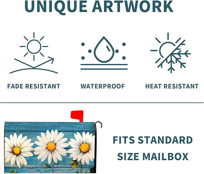 Spring Daisy Rustic Blue Wood Board Mailbox Covers Magnetic Standard Size 21x18 Inch Vintage Floral Summer Waterproof Mail Box Wraps Post Letter Box Covers Garden Yard Outdoor Decor