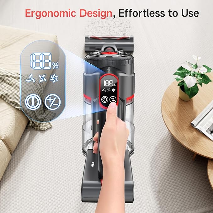Cordless Vacuum Cleaner, 580W 60KPA Dual Motor Stick Vacuum for Home with 60mins Runtime, 6 LED Green Headlights, Self-Standing Design, V-Shaped Floor Brush for Carpet Tile Pet Hair Hardwood Floors