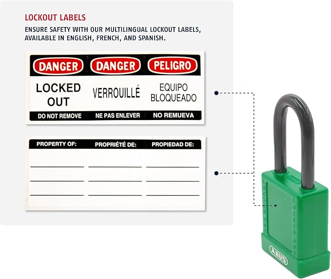 ABUS Green Pack of 10 Lockout Tagout Premium Solid Body Safety Padlock Set - OSHA Compliant Loto Locks Insulated Against Electric Shock, Keyed Different, 1 Key Per Lock