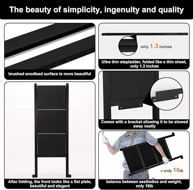 3 Step Ladder,Aluminum Ultra Thin Folding Step Stool,400 Lbs Capacity Heavy Duty with Anti-Slip Sturdy and Wide Tread,Closet Slim Step for Home,Kitchen and Office,Space Saving (Black, 3-Step)