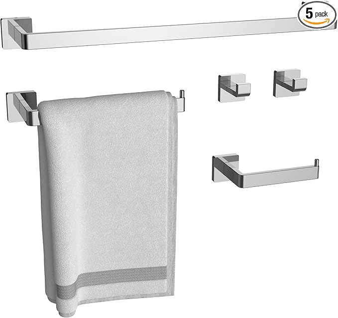 5-Pieces Bathroom Hardware Set Polished Chrome Towel Racks for Bathroom SUS304 Stainless Steel Towel Bar 23.6 Inch Bathroom Towel Holder Set Wall Mounted