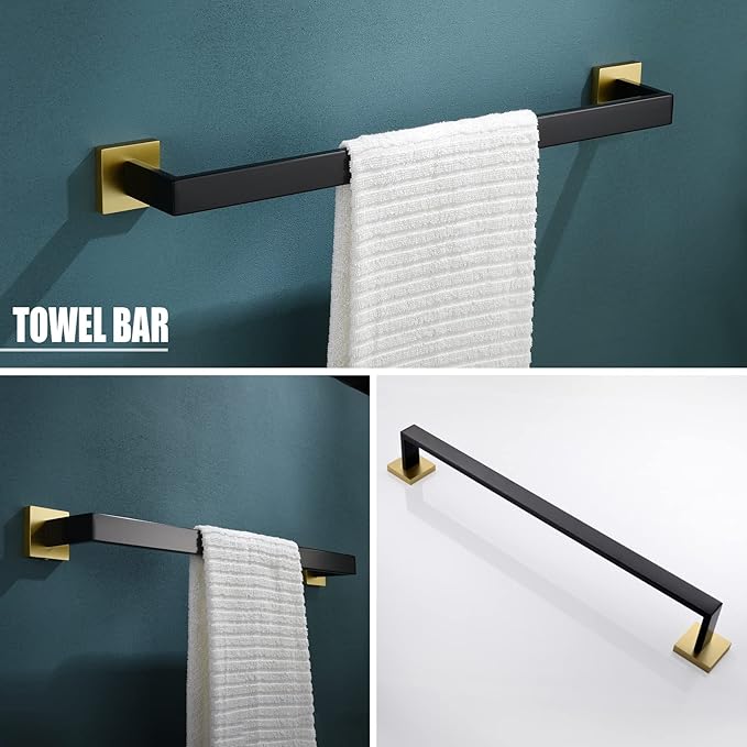YACVCL 5 Pieces Bathroom Hardware Set, Black and Gold Towel Bar Set, 23.6 inch Towel Bar Hand Towel Holder Wall Mounted Stainless Steel