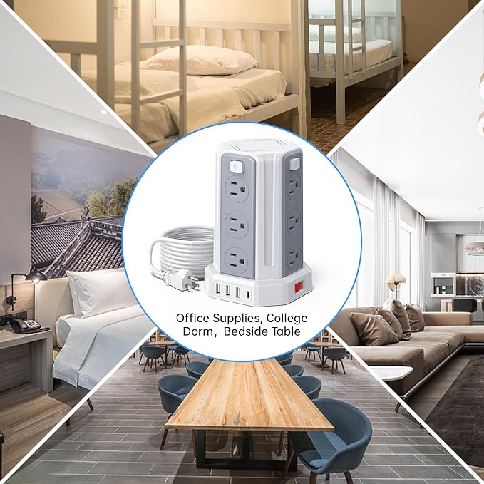 Power Strip Surge Protector, 10 Ft Extension Cord with 12 AC Multiple Outlets 4 USB (1 USB C), SMALLRT Power Tower Desktop Charging Station (White, 10 FT PD20W)