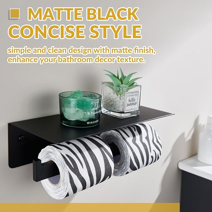 APLusee Matte Black Double Toilet Paper Holder with Shelf, 304 Stainless Steel Bathroom Tissue Roll Holder, Commercial Paper Dispenser Wall Mounted