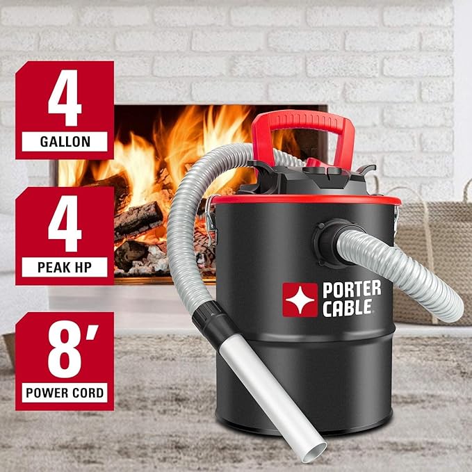 Porter-Cable 4 Gallon Ash Vac, 4 Peak HP Ash Vacuum with Powerful Suction for Fireplaces, Wood Burning Stoves, Bonfire Pits and Pellet Stoves