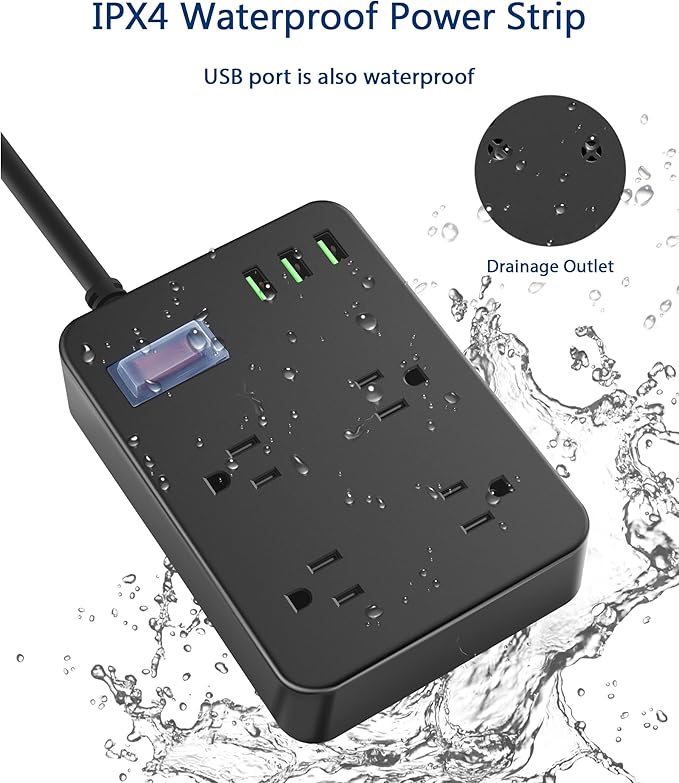 Outdoor Power Strip Weatherproof with USB,Waterproof Power Strip with 4 Wide Spaced Outlets,1700 Joules Surge Protector,15 Ft Extension Cord Power Strip with Low Profile Flat Plug (Black)